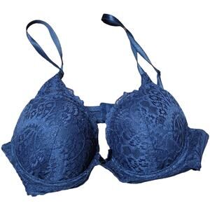 Laura Ashley Navy Blue Floral Lace Bra 34B Baroque Romantic Padded Full Coverage